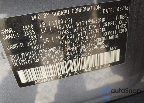 2018 Subaru Outback 3.6R Limited from USA, damaged, VIN 4S4BSENC1J3394073